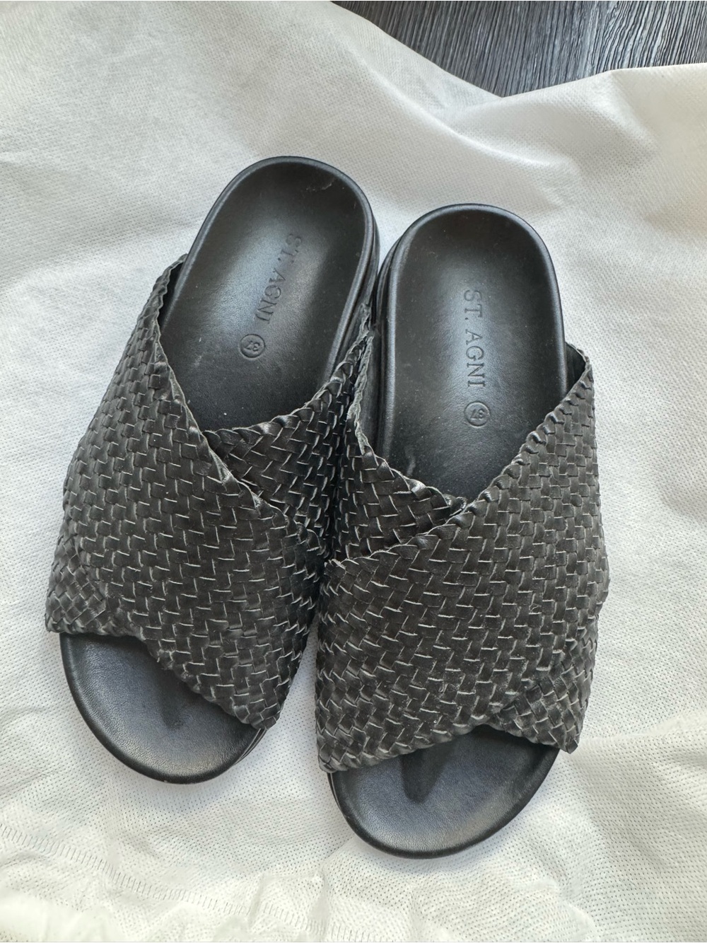 St. Agni Charcoal Woven Slide Sandals